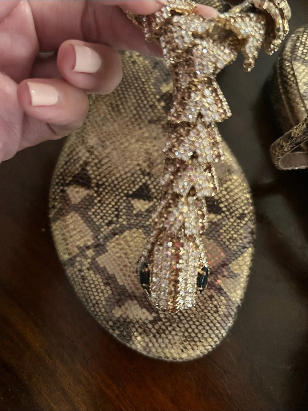 Jeffrey Campbell Gold Snakeskin Jeweled T-Strap Sandals